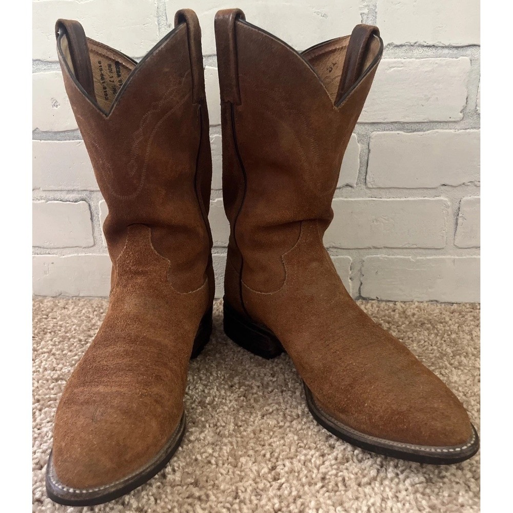 VTG Tony Lama Chestnut Suede Roper Western Cowboy Boot Mens 9.5B Made In USA EUC